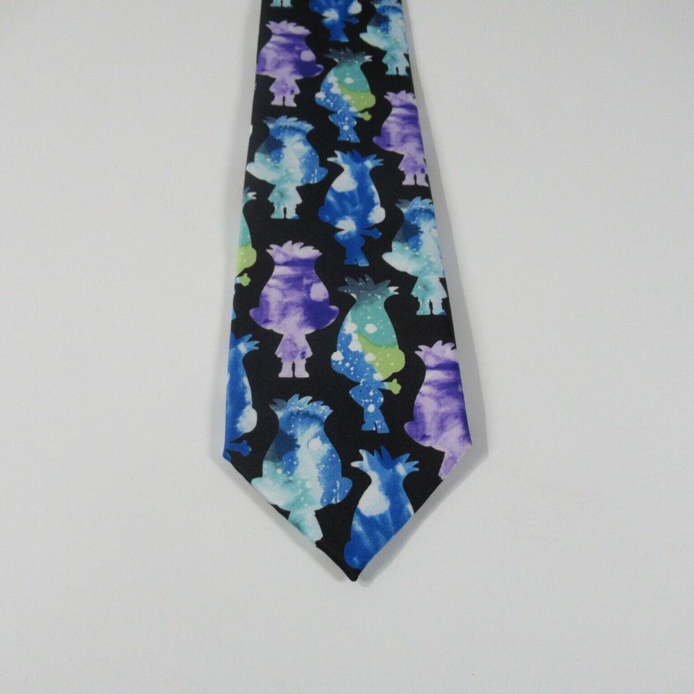 Dreamworks Trolls‎ Mens Watercolor Diamond Necktie Black Purple Blue Troll Tie
